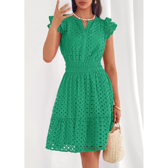 Women's Green V Neck Eyelet Cap Sleeve Summer Beach Vacation Sundresseses - Picture 6 of 8